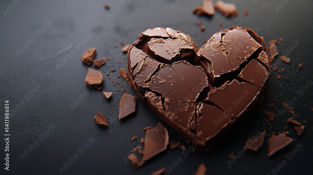 Detailed image of a chocolate heart broken into uneven chunks on a black surface.