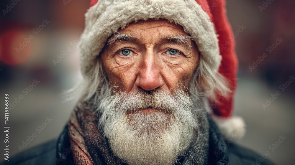 A close-up portrait of an elderly man wearing a santa hat, looking directly at the viewer. A close-up portrait of an elderly man wearing a santa hat, looking directly at the viewer.
