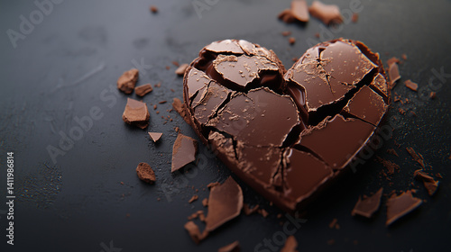 Obraz na płótnie Detailed image of a chocolate heart broken into uneven chunks on a black surface. w salonie