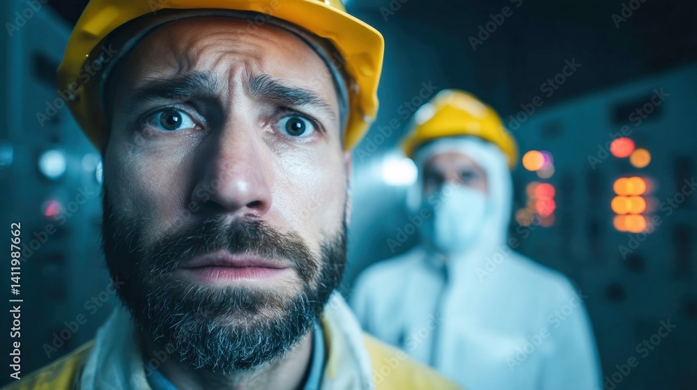 Close-up of a concerned worker wearing a hard hat, reflecting worry in his eyes.