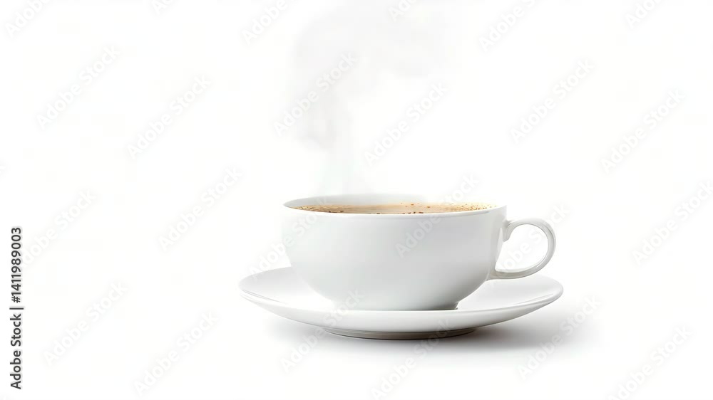 A steaming cup of coffee on a white saucer against white background