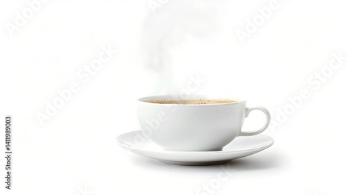 A steaming cup of coffee on a white saucer against white background