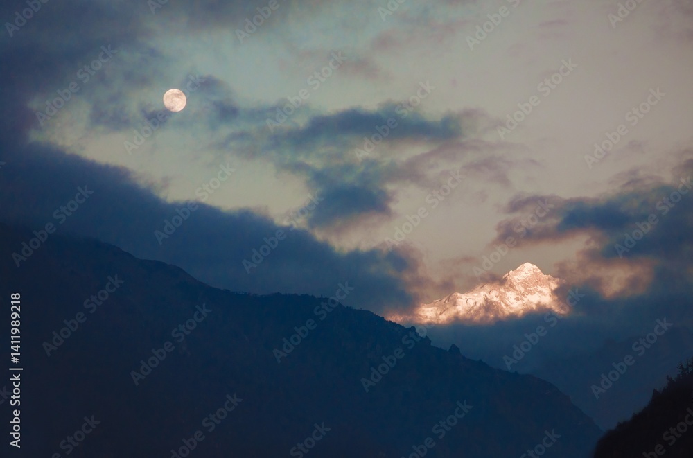 Himalayas, Nepal - The famous hiking on the roof of the world called Annapurna Circuit in the Himalaya range mountain, with little village, buddhist stupa and mountains of 8000 meters.
