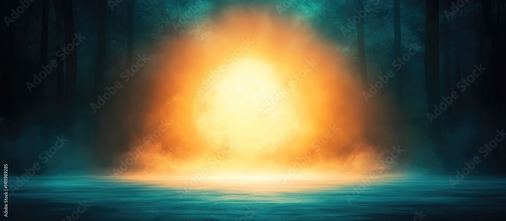 Fototapeta premium Mysterious Orange Light Illuminating Foggy Forest