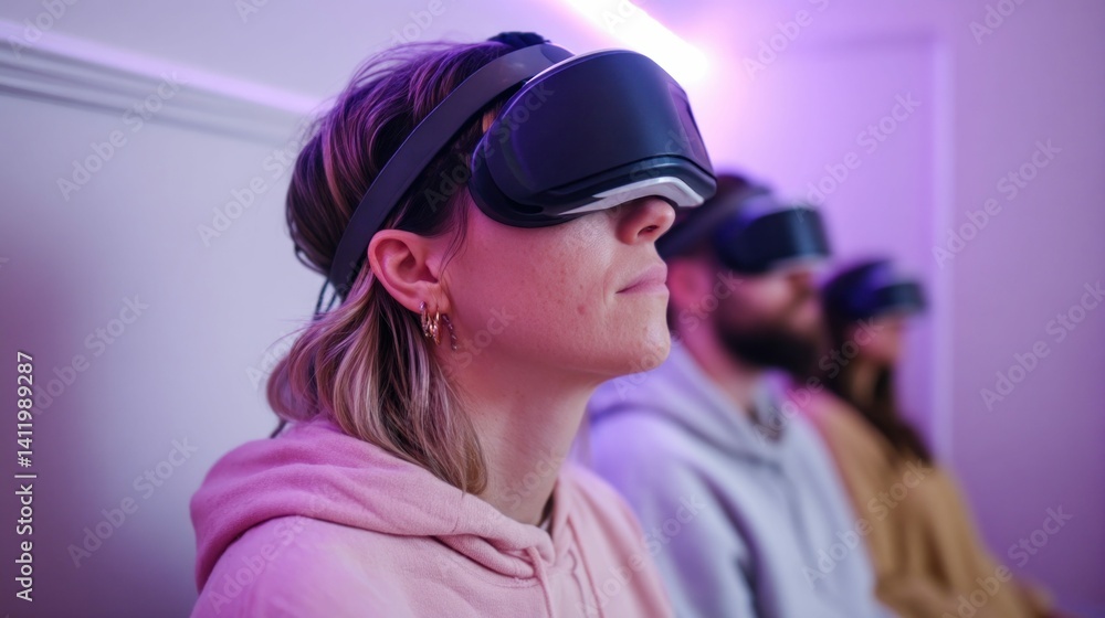 A woman and two others experience virtual reality using vr headsets in a room lit with purple ambient lighting. A woman and two others experience virtual reality using vr headsets in a room lit with purple ambient lighting.