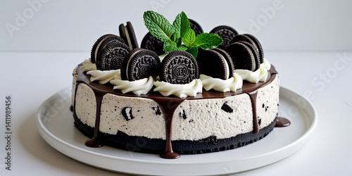 Realistic image of a rich Oreo cheesecake with indulgent topping, cookie crust, and soft chocolate highlights