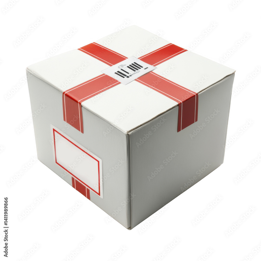 White Cardboard Package with Red Tape and Label on Transparent Background White Cardboard Package with Red Tape and Label on Transparent Background