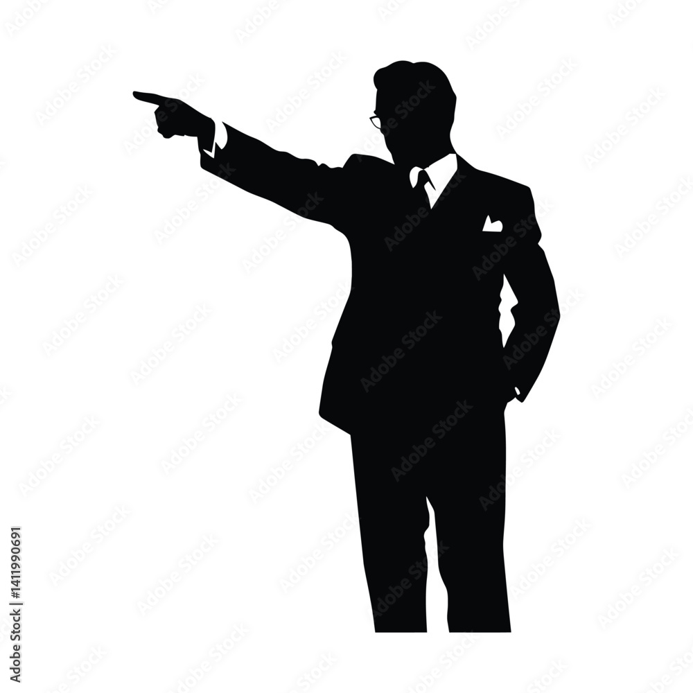 Obraz premium A man in a suit and tie pointing at something simple minimal black silhouette