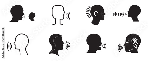 Voice vector icon symbol. Abstract Vector Human Face Illustration. Modern Minimalist Line Art Portrait. Face Design. Black vector silhouettes depict a set of profiles men. 