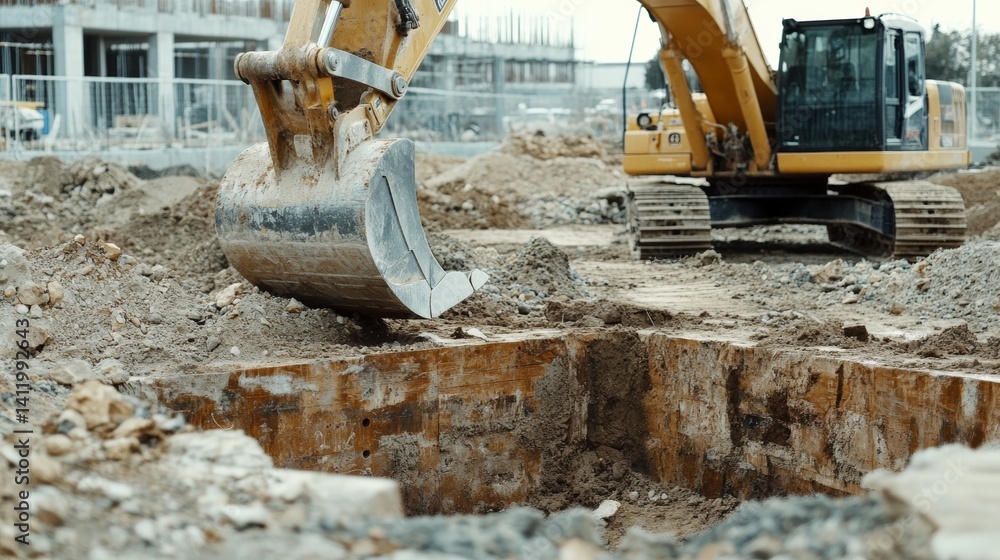 Fototapeta premium Construction supervisor overseeing excavation work at a building site. Featuring oversight and coordination
