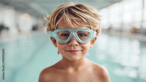 A smiling young boy with blonde hair wearing swimming goggles stands by a pool, ready to take a dip. The water gleams in the background.