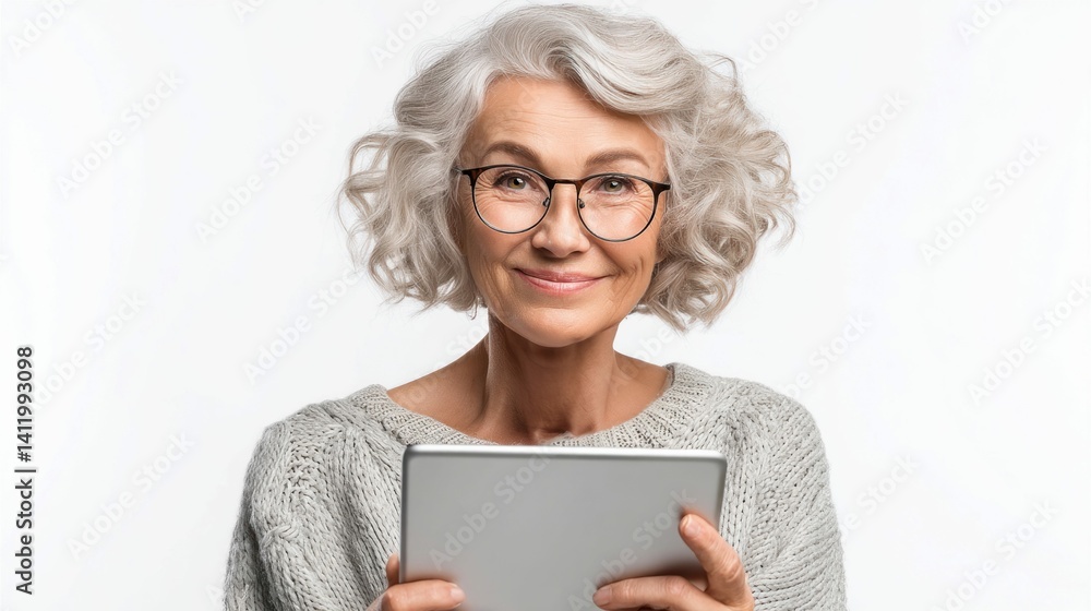 A beautiful, mature woman with gray curly hair and glasses holds a tablet, smiling at the camera. This portrays confidence and digital literacy. A beautiful, mature woman with gray curly hair and glasses holds a tablet, smiling at the camera. This portrays confidence and digital literacy.