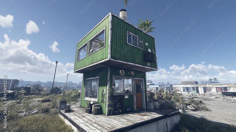 Obraz premium Green, square, elevated structure in a post-apocalyptic setting.