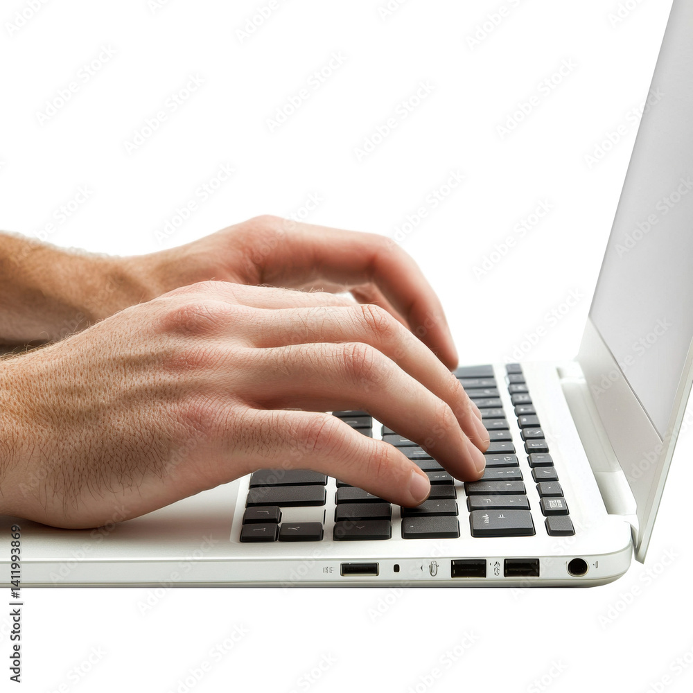 Closeup of Male Hands Typing on Silver Laptop Against White Background Closeup of Male Hands Typing on Silver Laptop Against White Background