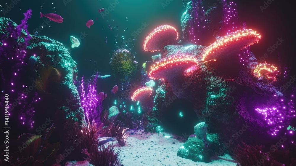 Submerged bioluminescent coral reef ecosystem. Submerged bioluminescent coral reef ecosystem.