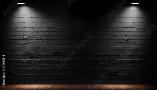 Dark, dramatic interior space with spotlights on a textured wall.  A muted dark gray,  rustic wall meets a light wooden floor.  Focus and attention are highlighted by the angled spotlights