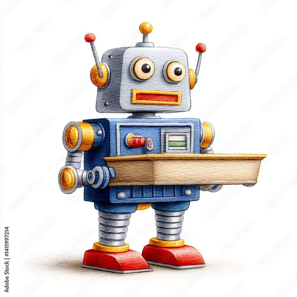 Fototapeta premium Retro Blue and Silver Robot with Wooden Tray on White Background