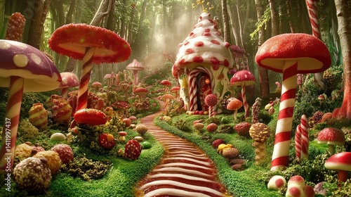 A whimsical candy-themed forest path leads to a sugary dwelling.