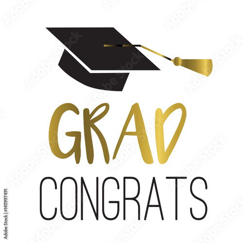 Grad Congrats with Graduation cap. Graduation vector illustration. Black and Gold. Modern photo design and decoration concept