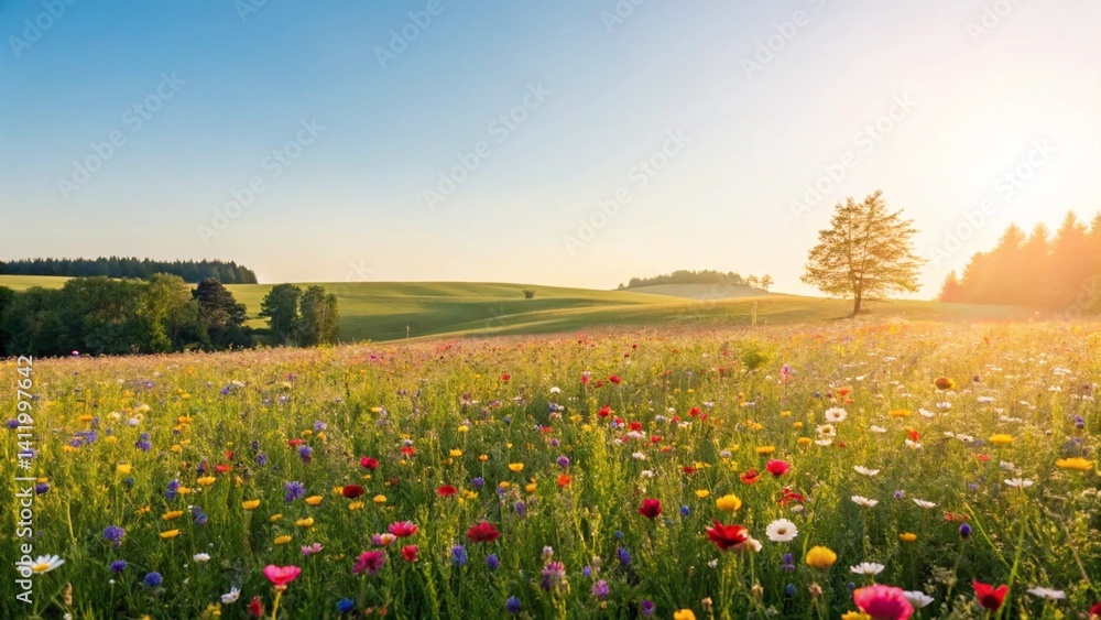 Obraz premium This image captures a beautiful, peaceful landscape of a wildflower field with red, yellow, white, and purple blossoms, with a prominent tree and gentle hills under a sunny sky