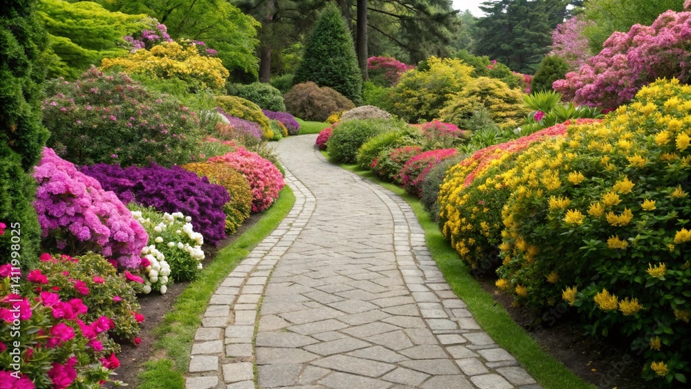Fototapeta premium This image captures a picturesque scene of a stone path curving through a lush garden bursting with pink, red, purple, yellow, and white flowers and bushes