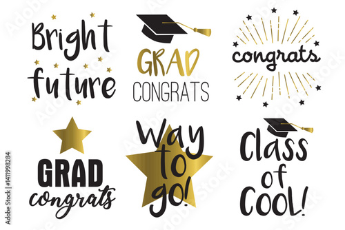Graduation vector illustration set. Black and Gold. Modern photo design and decoration concept