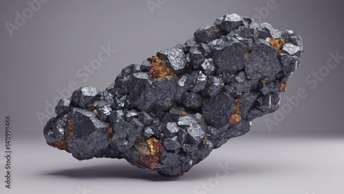 A rough, angular rock composed of minerals. It has a dark black exterior with hints of brown and orange specks, indicating it may be a meteorite or volcanic glass.