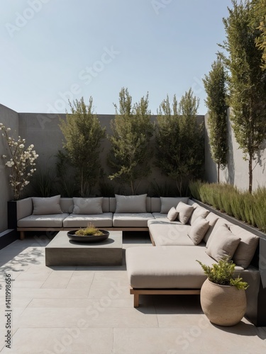 Modern outdoor patio area with sectional seating and landscaping plants
