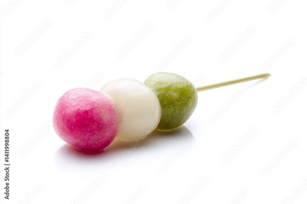 Colorful Japanese dango dessert on skewer isolated on white background, sweet traditional snack with pink, white, green balls Colorful Japanese dango dessert on skewer isolated on white background, sweet traditional snack with pink, white, green balls