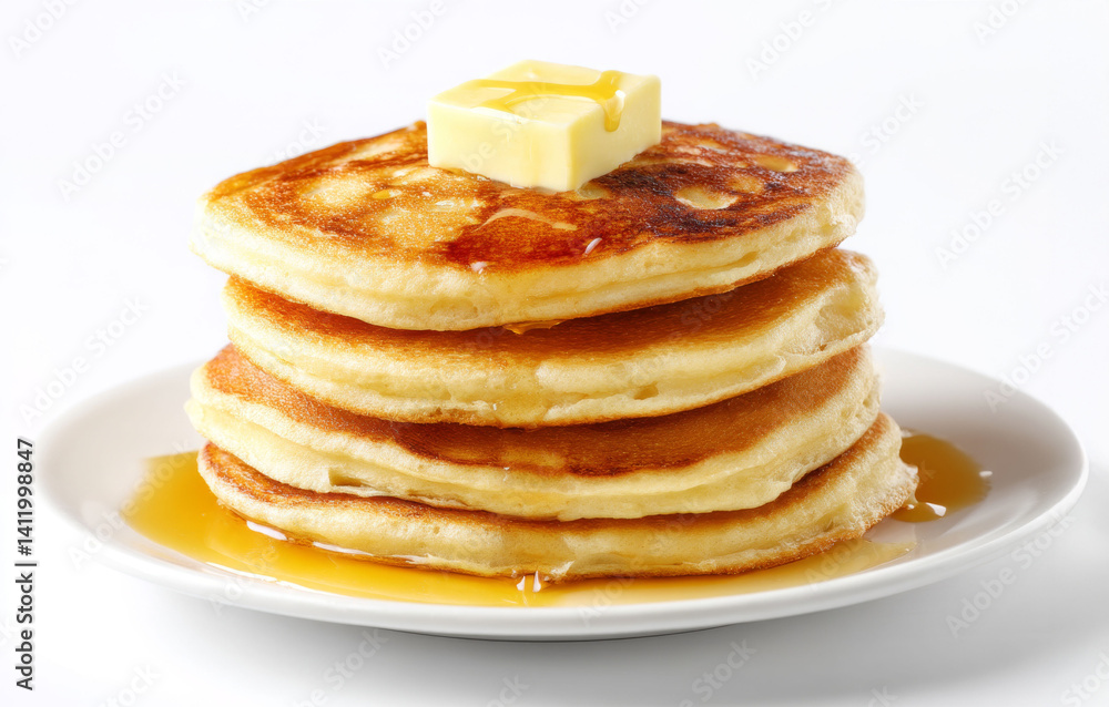 Stack of fluffy pancakes with melting butter and syrup on white plate, delicious breakfast isolated on white background Stack of fluffy pancakes with melting butter and syrup on white plate, delicious breakfast isolated on white background