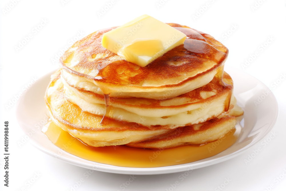 Stacked pancakes with melting butter and syrup, delicious breakfast meal isolated on white background, tempting and tasty Stacked pancakes with melting butter and syrup, delicious breakfast meal isolated on white background, tempting and tasty