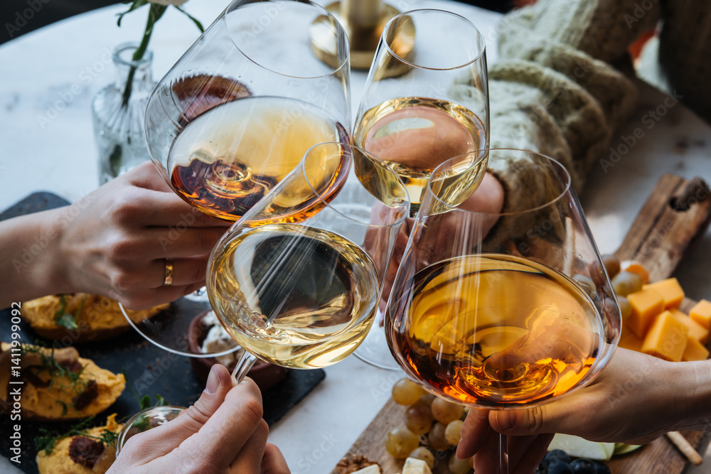 Friends having a dinner party with different kinds of appetizers and wine.