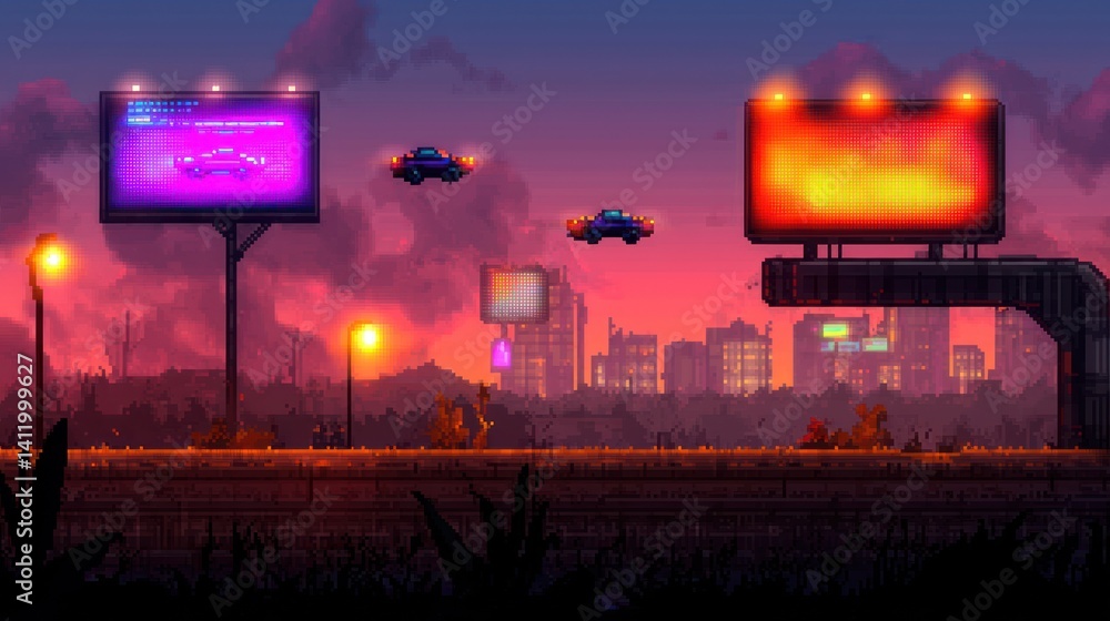 Obraz premium Pixel art futuristic cityscape at sunset with flying cars and billboards