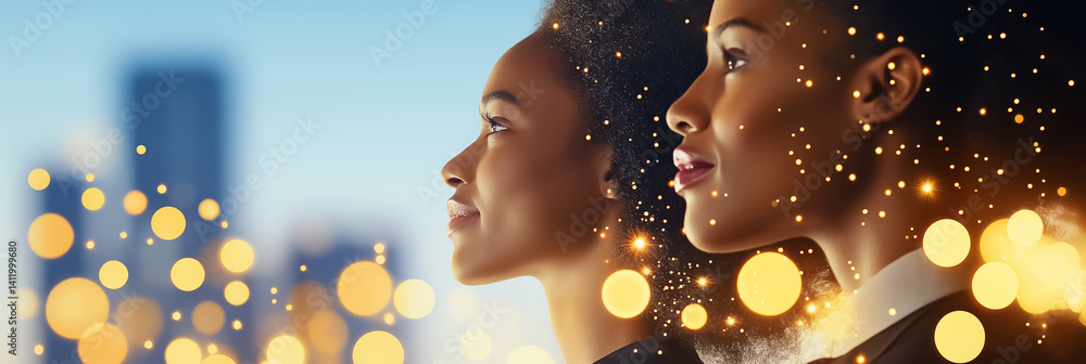 Fototapeta premium Two women in profile showcasing confidence and strength with glowing bokeh in an urban setting. Bright city skyline background emphasizes empowerment and inspiration