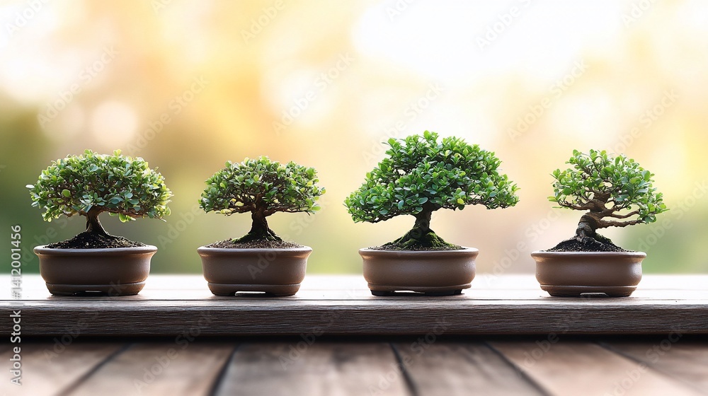 Four bonsai trees in brown pots on wooden surface, growing in size. Four bonsai trees in brown pots on wooden surface, growing in size.