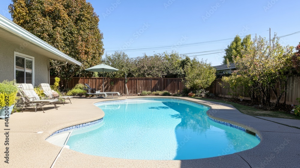Fototapeta premium A tranquil home garden pool under natural sunlight, soft surroundings blurring into serenity. Peaceful outdoor retreat. 