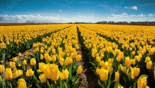 Endless yellow tulips blooming under bright sunlight