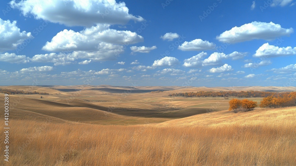 Golden grasslands under a vibrant blue sky dotted with fluffy white clouds. Rolling hills and distant trees create a peaceful landscape. Golden grasslands under a vibrant blue sky dotted with fluffy white clouds. Rolling hills and distant trees create a peaceful landscape.