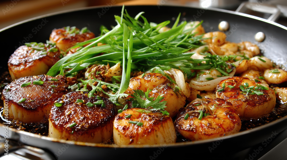 Delicious seafood stir fry featuring shrimp, scallops, and green onions, bursting with flavor Delicious seafood stir fry featuring shrimp, scallops, and green onions, bursting with flavor