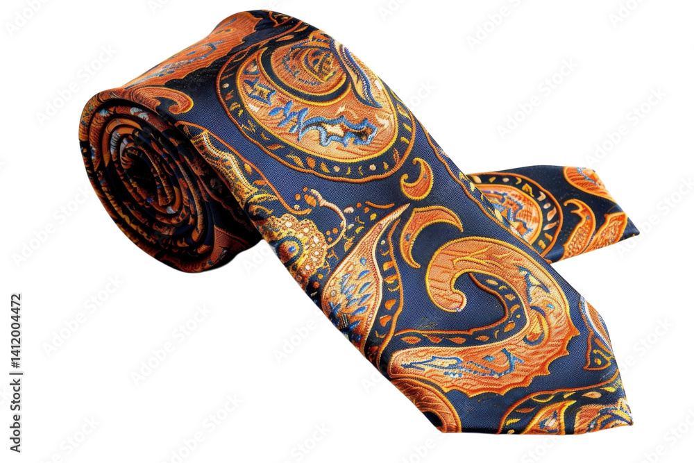 Elegant blue and orange paisley tie resting on a smooth surface, showcasing intricate design details isolated on transparent background Elegant blue and orange paisley tie resting on a smooth surface, showcasing intricate design details isolated on transparent background