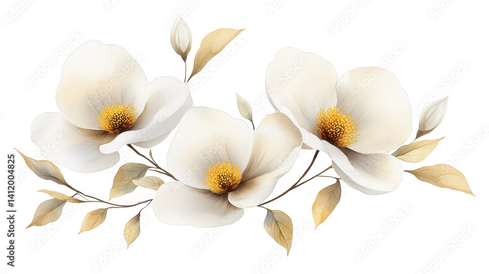 Obraz premium Elegant white flowers with yellow centers on a dark background, study in contrast