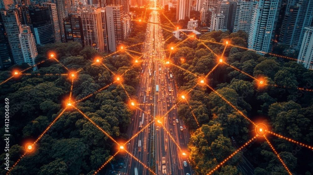 Fototapeta premium Aerial view of city street at night with glowing network connections, lush green trees and warm lighting.