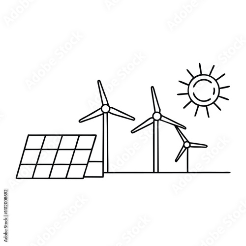 A clean line art design of solar panels and wind turbines with a sun in the background.  