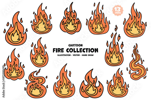 Set of fire cartoon vector illustration, Burning, flame, hot
