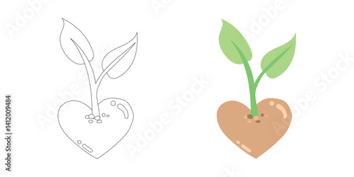 Heart-shaped soil sprouting a green plant, symbolizing eco love, gardening, growth, and the nurturing roots of sustainable nature.