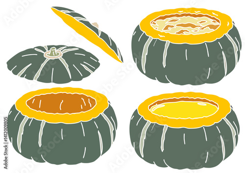 くり抜いたかぼちゃ3種　版画