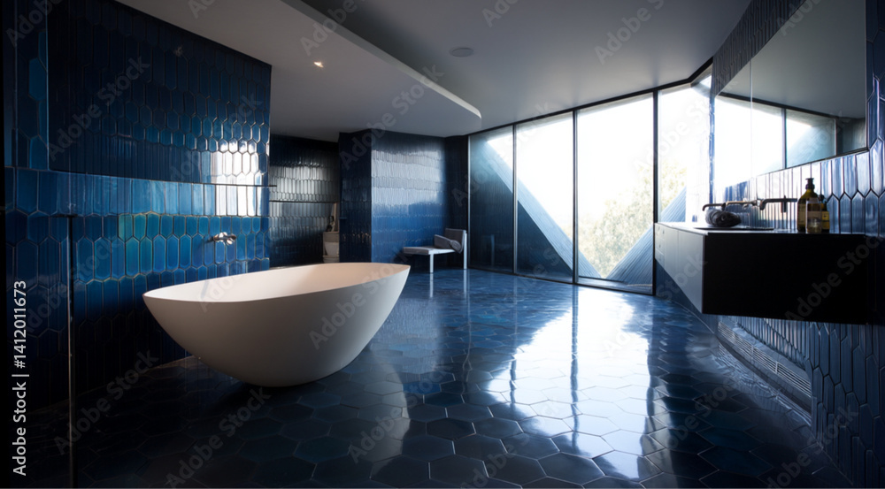 A stylish bathroom with deep blue tiles features a spacious freestanding bathtub situated by a large window, reflective floor tiles
