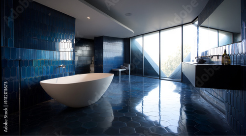 Obraz na płótnie A stylish bathroom with deep blue tiles features a spacious freestanding bathtub situated by a large window, reflective floor tiles w salonie