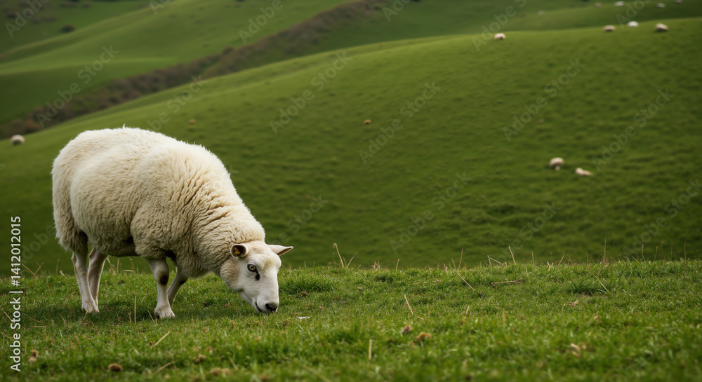 Obraz premium White sheep grazing on green hillside pasture with other sheep in background. Livestock farming for wool production and sustainable agriculture