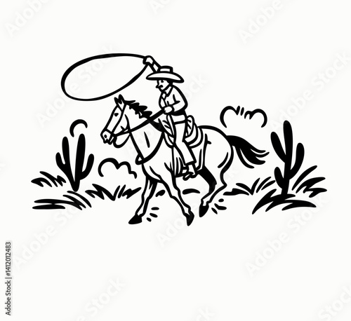 Hand drawn vintage western cowboy riding horse and lassoing